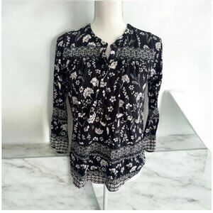 LUCKY BRAND Black White Floral Blouse Size XS